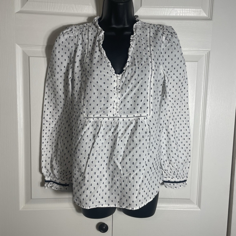 LOFT‎ Clip Ruffle Bib Shirt Women S White Blue Swiss Dot Long Sleeve Popover Top